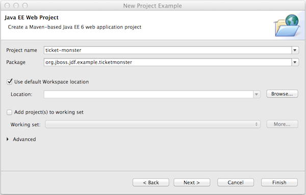 In the Project name field, type ticket-monster. In the Package field, type org.jboss.jdf.example.ticketmonster and click Next.