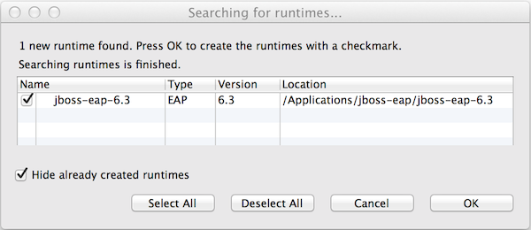 Window showing JBoss Enterprise Application Platform 6.x found by Runtime Detection.