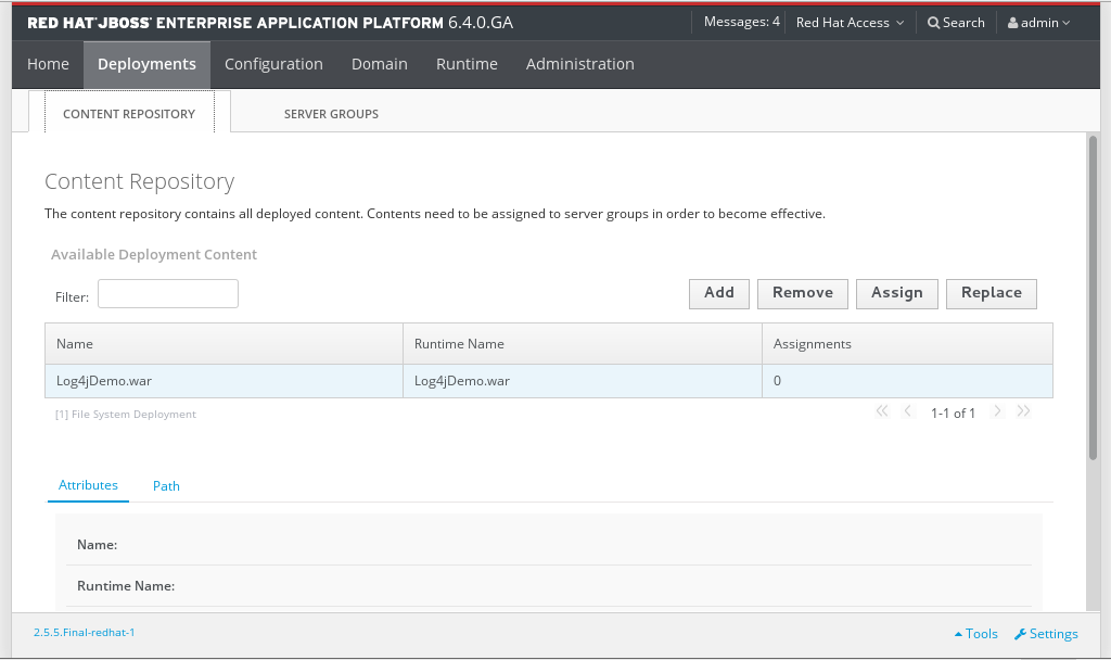 The Content Repository table for managed domains.