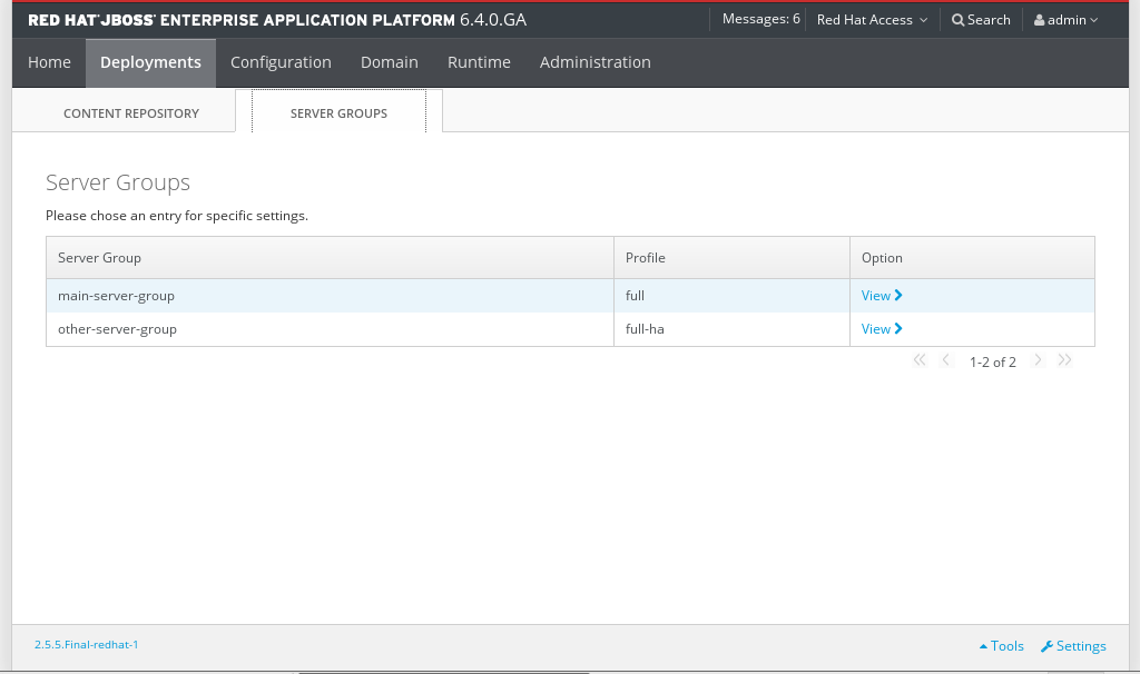 The Server Groups table shows the status of deployed application.