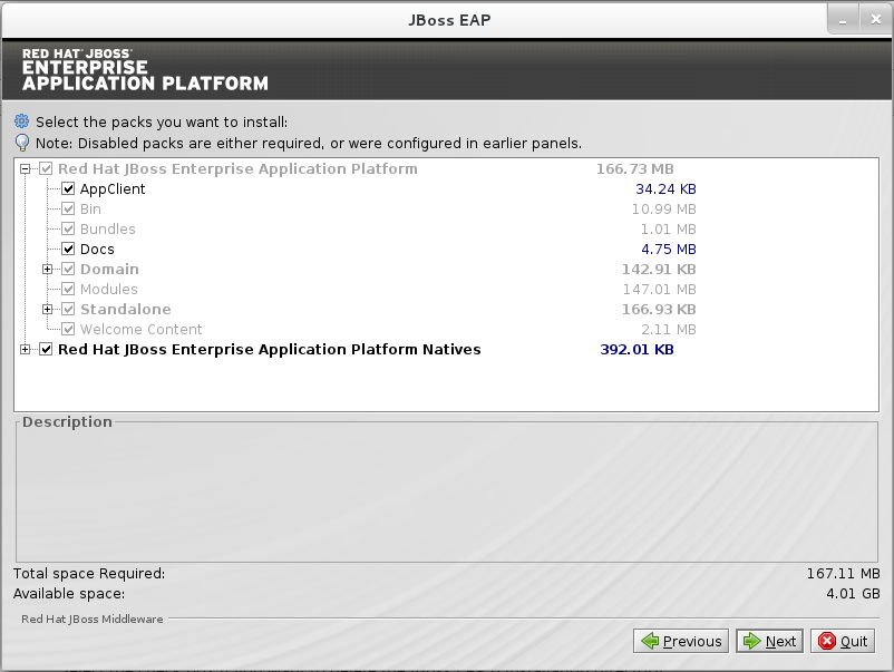 JBoss EAP Installation Program Select Packs to Install