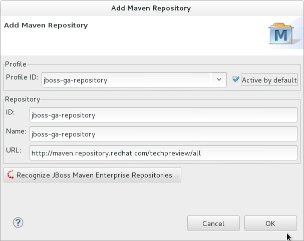 Maven プロファイルとリポジトリーの値を入力します。