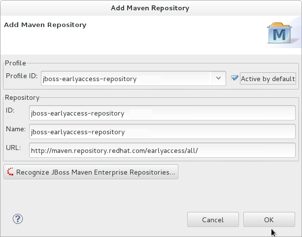 Maven プロファイルとリポジトリーの値を入力します。