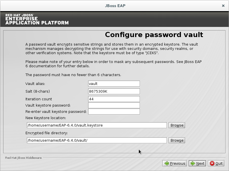 パスワード vault のパスワードおよびその他のオプションを設定します。