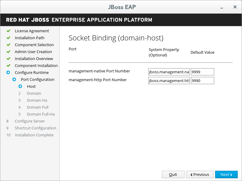 JBoss EAP Installer - Custom Socket Bindings for Domain Configurations Screen
