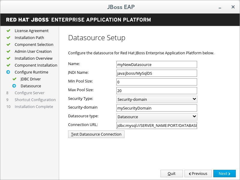 JBoss EAP Installer - Datasource Setup Screen