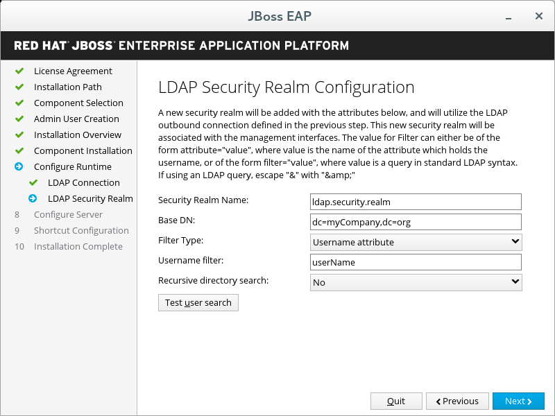 JBoss EAP Installer - LDAP Security Realm Configuration Screen