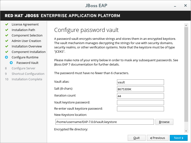 JBoss EAP Installer - Configure Password Vault Screen
