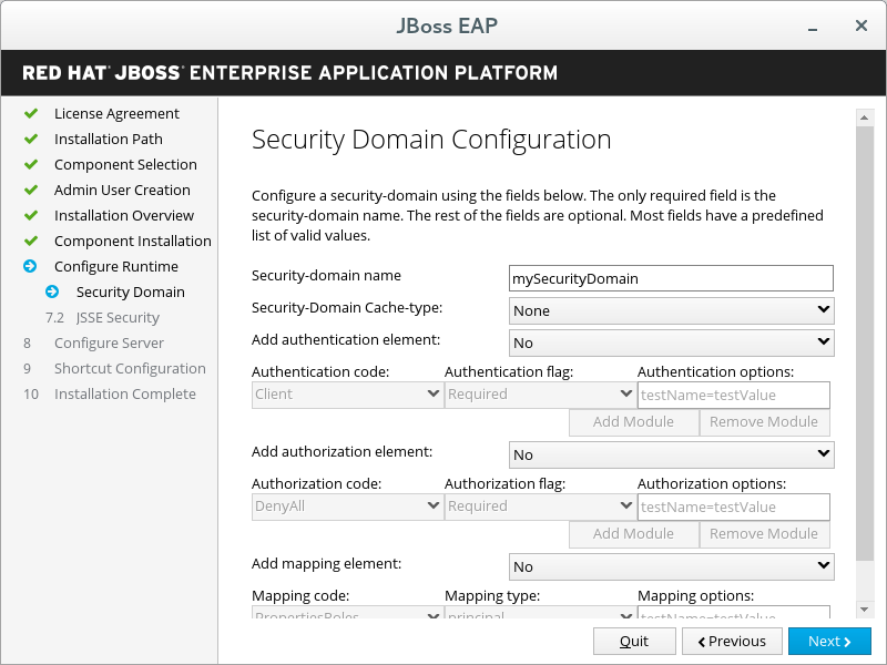 JBoss EAP Installer - Security Domain Configuration Screen