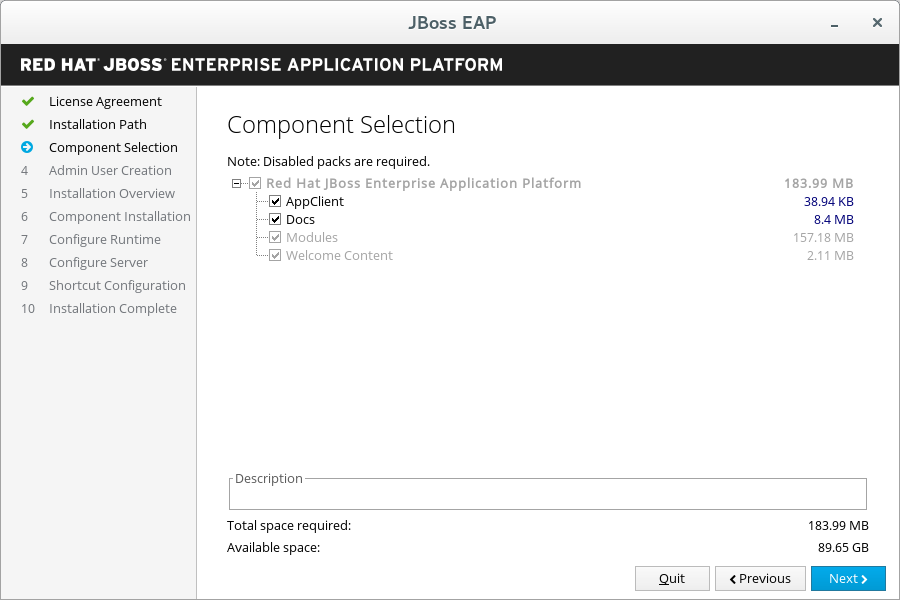 JBoss EAP Installer - Component Selection Screen
