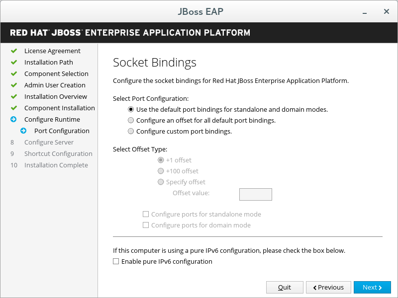 JBoss EAP Installer - Socket Bindings Screen