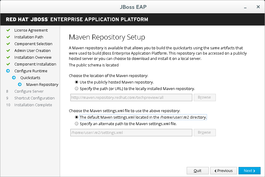 JBoss EAP Installer - Installer - Maven Repository Setup Screen