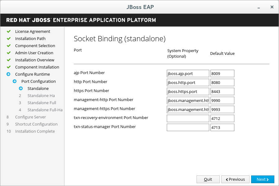 JBoss EAP Installer - Custom Socket Bindings for Standalone Configurations Screen