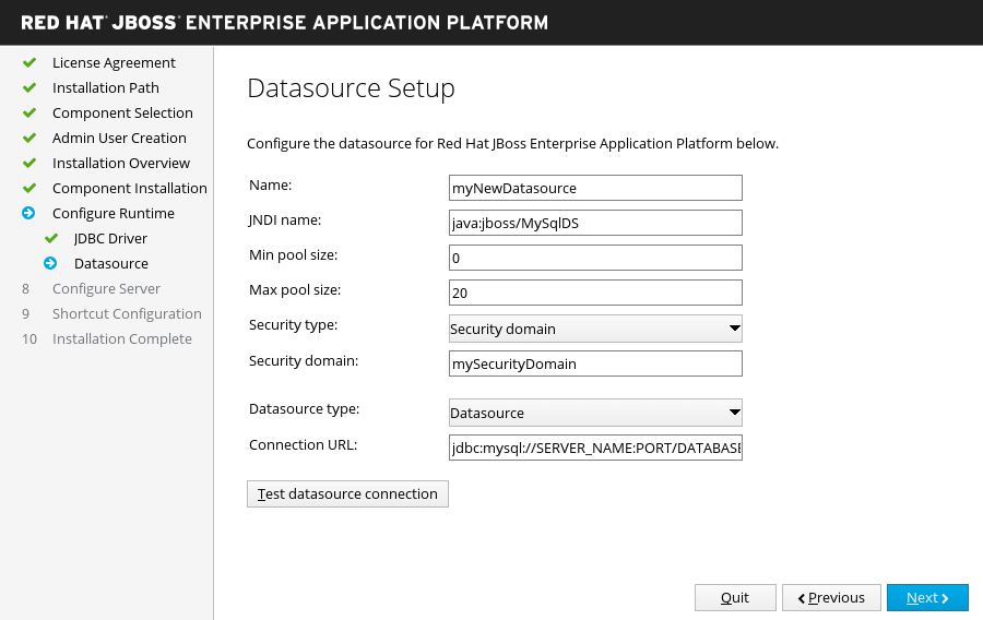 JBoss EAP Installer - Datasource Setup Screen