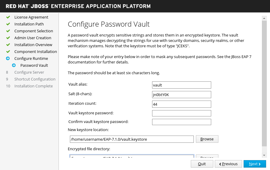 JBoss EAP Installer - Configure Password Vault Screen