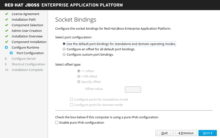 JBoss EAP Installer - Socket Bindings Screen