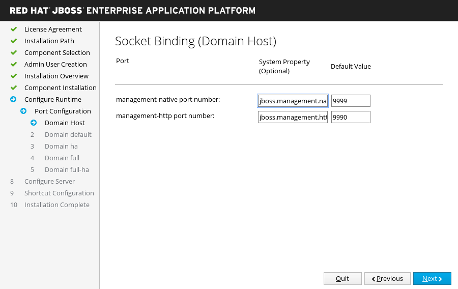 JBoss EAP Installer - Custom Socket Bindings for Domain Configurations Screen