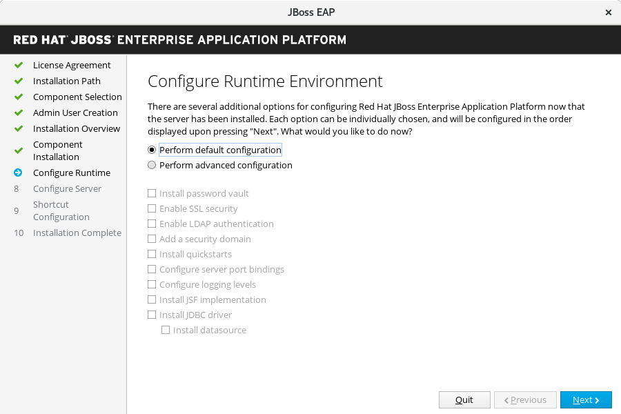 JBoss EAP Installer - Configure Runtime Environment Screen