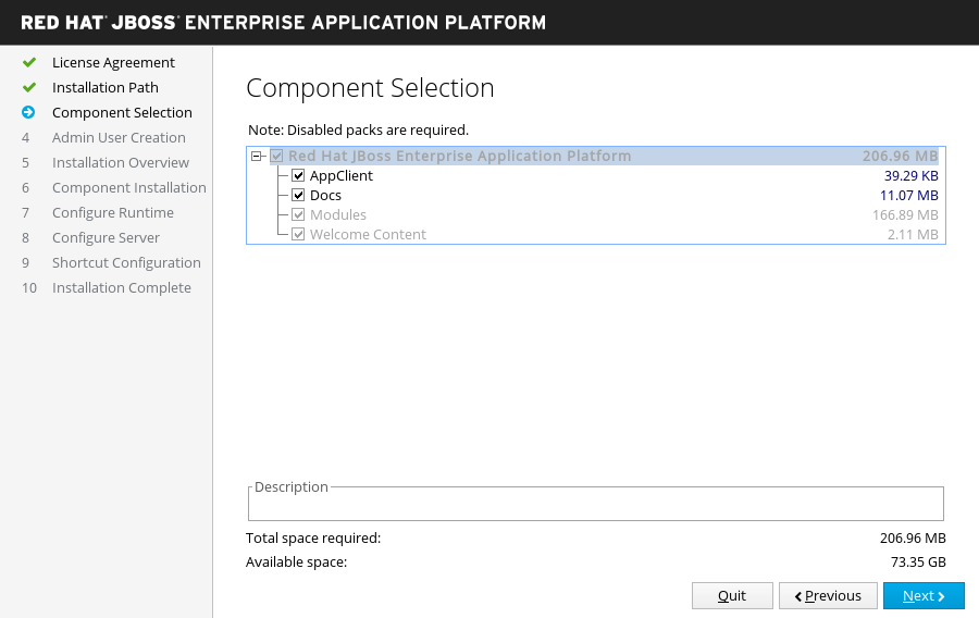 JBoss EAP Installer - Component Selection Screen