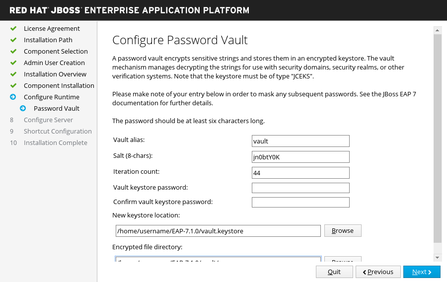 JBoss EAP インストーラー: パスワード vault 設定画面