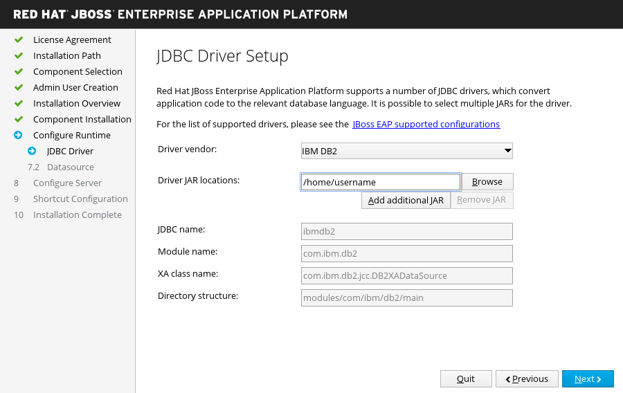 JBoss EAP インストーラー: JDBC ドライバーセットアップ画面