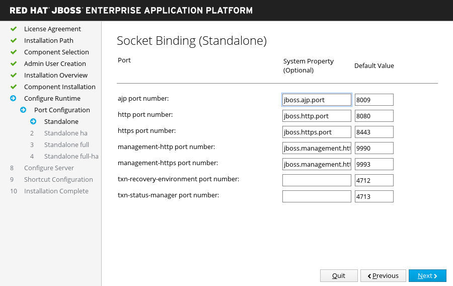 JBoss EAP インストーラー: スタンドアロン設定のカスタムソケットバインディングの画面