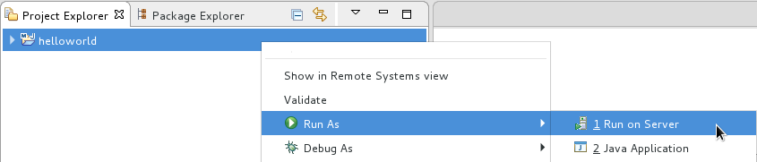 The *Run As* → *Run on Server* screen capture.
