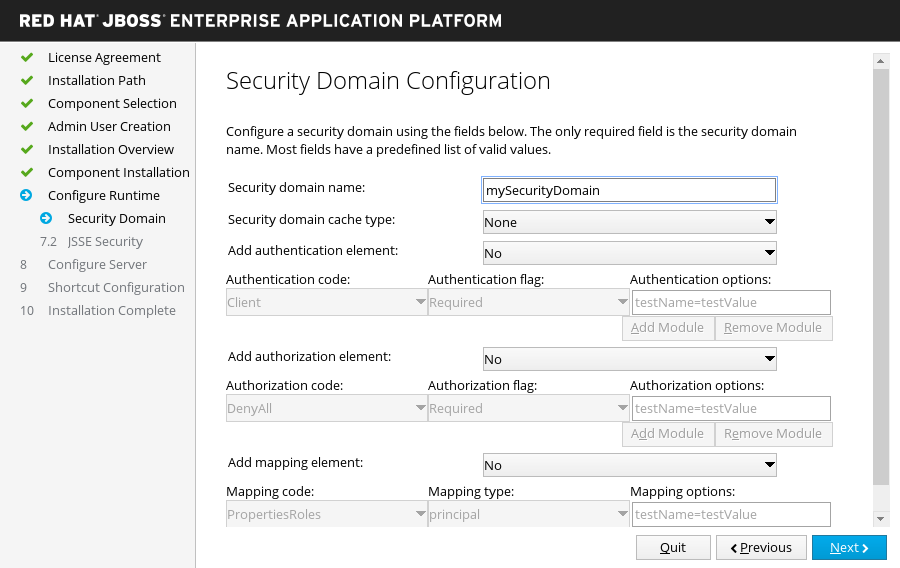 JBoss EAP Installer - Security Domain Configuration Screen