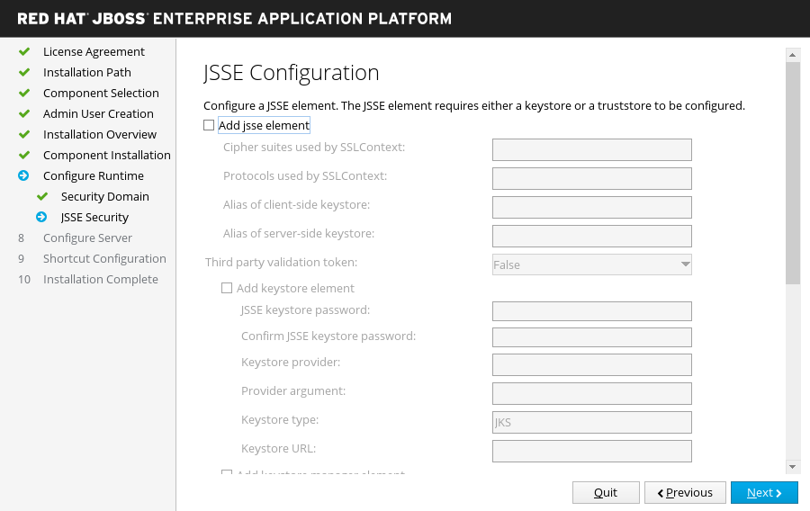 JBoss EAP 安装程序 - JSSE 配置屏幕