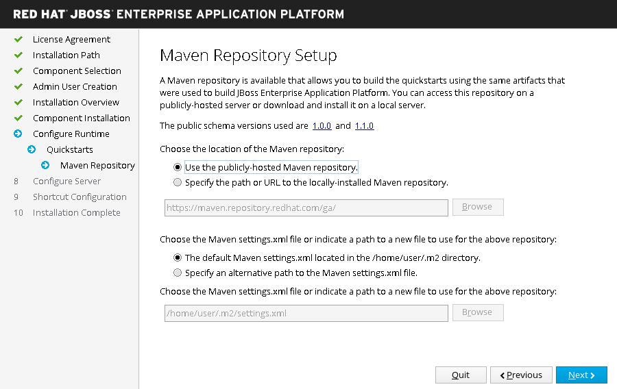 JBoss EAP 安装程序 - 安装程序 - Maven Repository Setup Screen