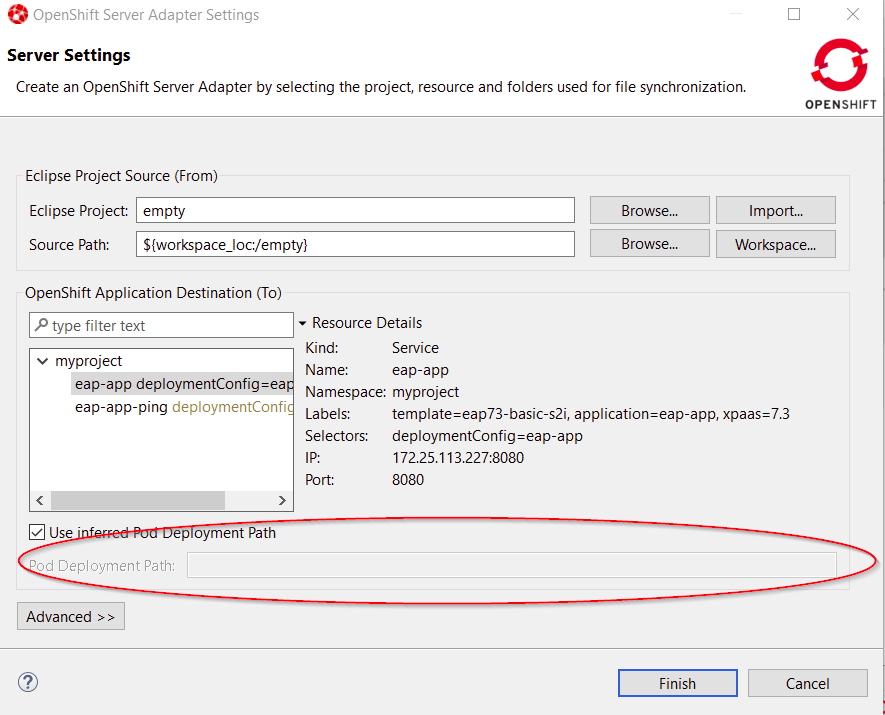 OpenShift Server Adapter Settings Sever Settings window showing workaround configuration