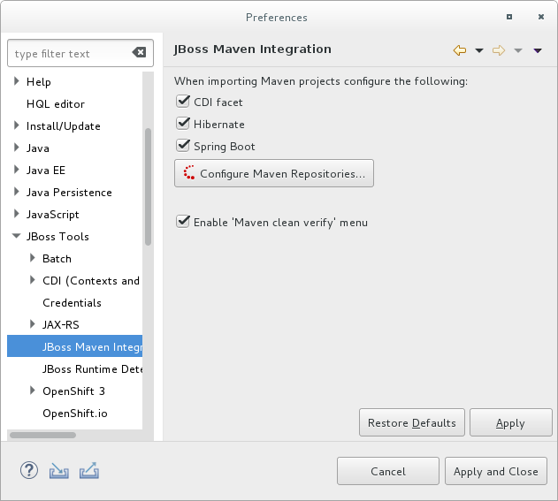 JBoss Maven Integration Pane in the Preferences Window