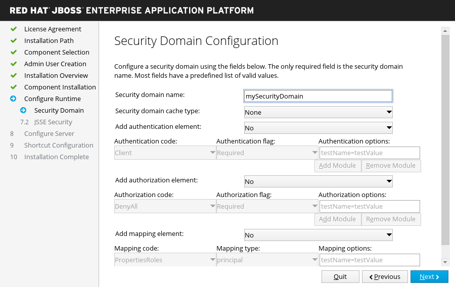 JBoss EAP installer - Security domain configuration screen