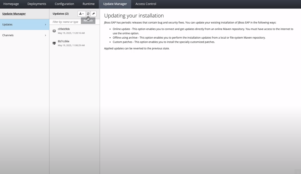 Updating your JBoss EAP installation offline using the web console
