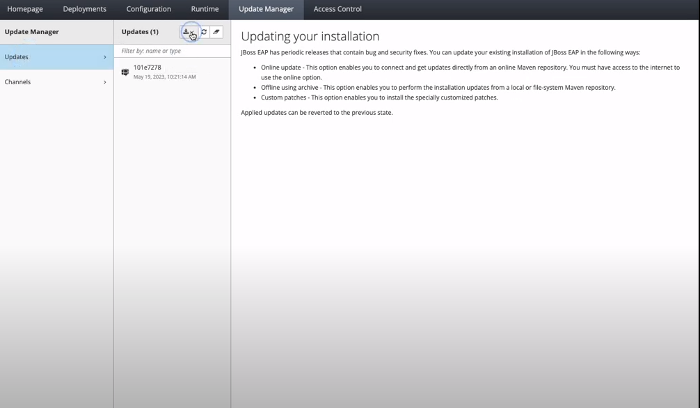 Updating your JBoss EAP installation using the web console