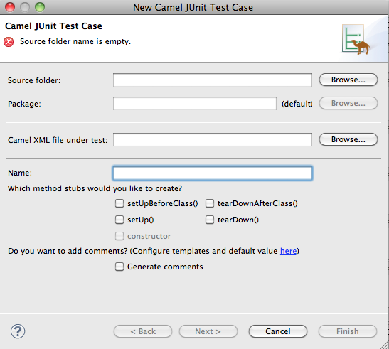 Entry page of the New Camel JUnit Test Case wizard