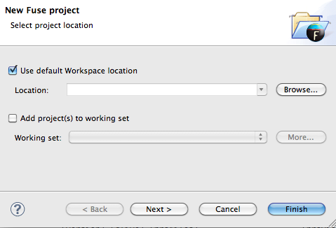 project location page of Red Hat JBoss Fuse Plugins for Eclipse's new project wizard
