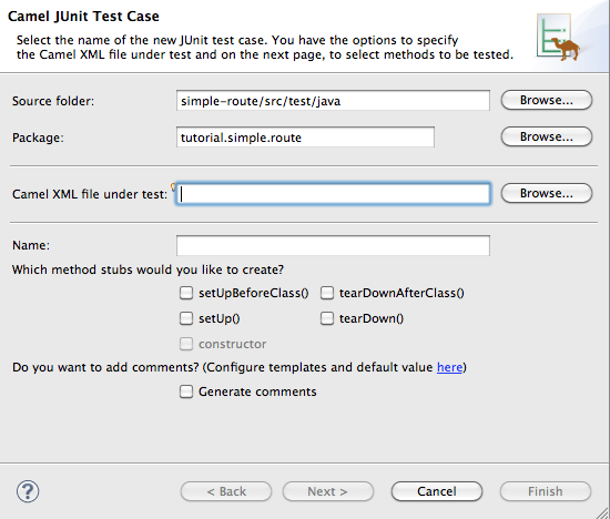 new JUnit test case wizard page one