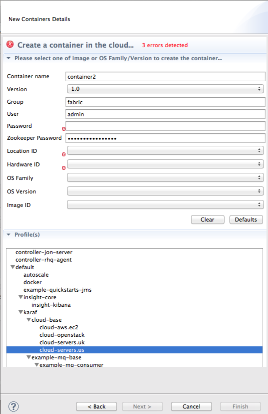 enter details of the new cloud container