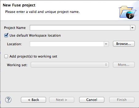 project location page of Red Hat JBoss Fuse Tooling's new project wizard