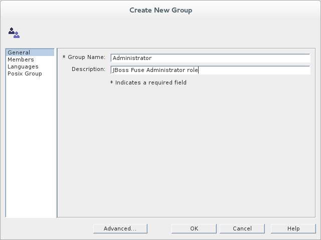 Filling the fields of the General tab in the Create New Group dialog