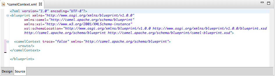 New Camel route displayed in route editor's source view