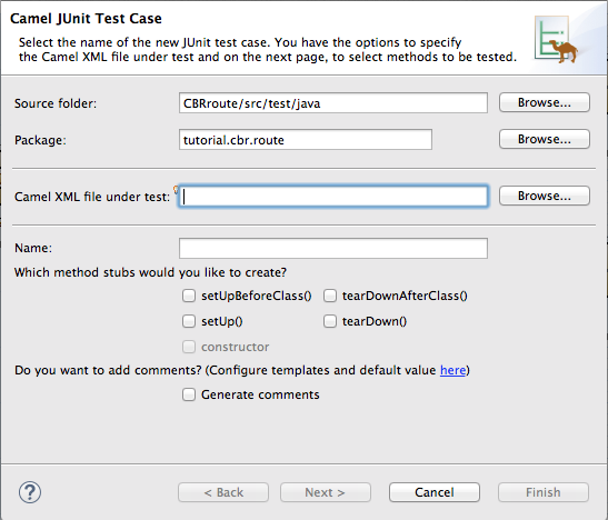 new JUnit test case wizard page one