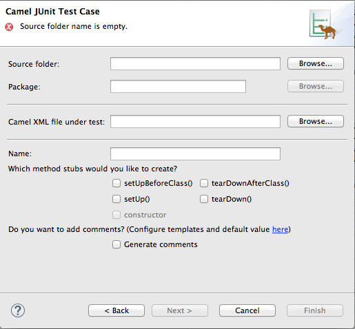 Entry page of the New Camel JUnit Test Case wizard