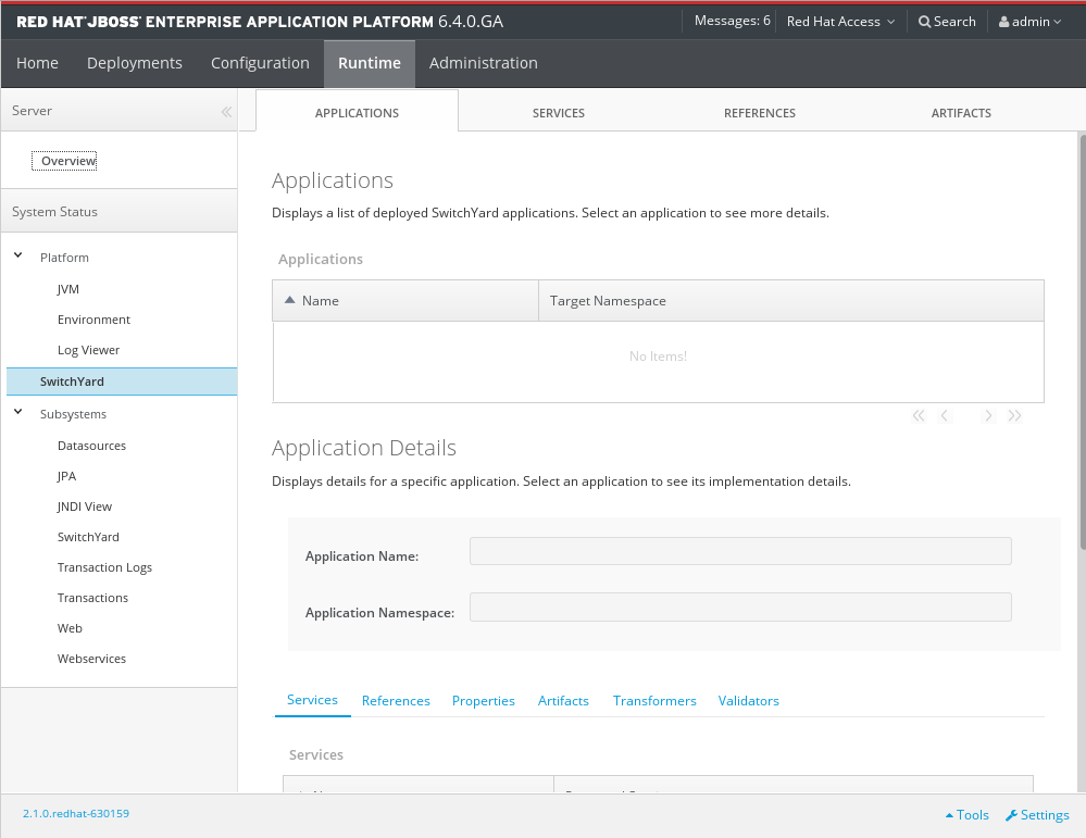 Screenshot of EAP 6.0 Runtime Operations SwitchYard page