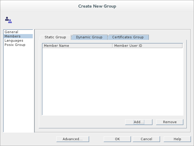 Filling the fields of the Members tab in the Create New Group dialog