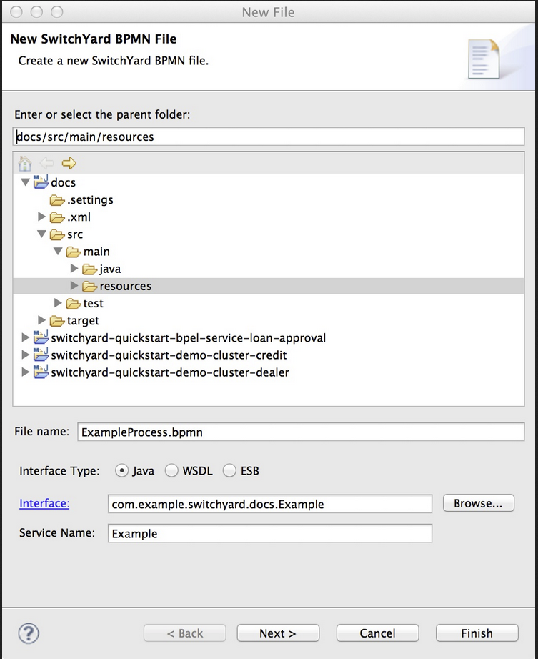 New SwitchYard BPMN File Screen