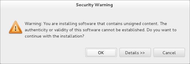 During the installation process you may receive warnings about installing unsigned content. If this is the case, check the details of the content and if satisfied click OK to continue with the installation.