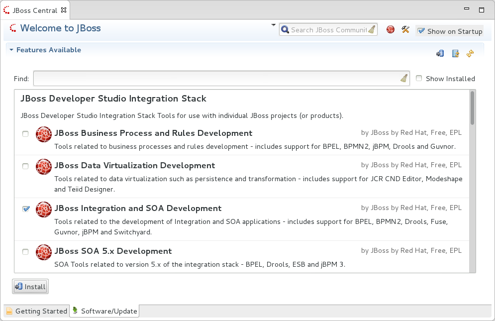 In JBoss Central, select the Software/Update tab. Scroll through the list to locate JBoss Developer Studio Integration Stack. Select the check box next to JBoss Integration and SOA Development and click Install.
