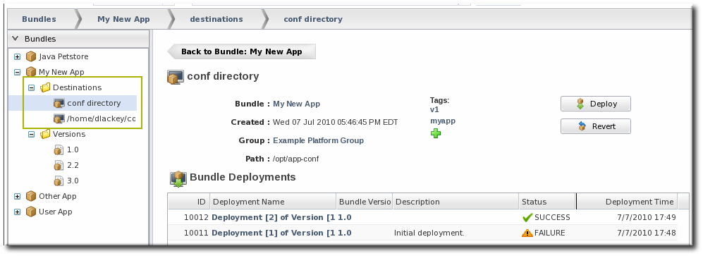 Deployment History for a Destinations